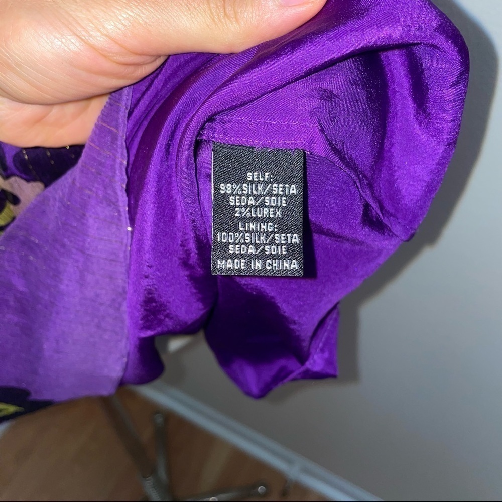 TIBI Silk Dress Sz 10 $495 Purple Floral Beads 100% Silk Metallic Empire Waist - Picture 8 of 14